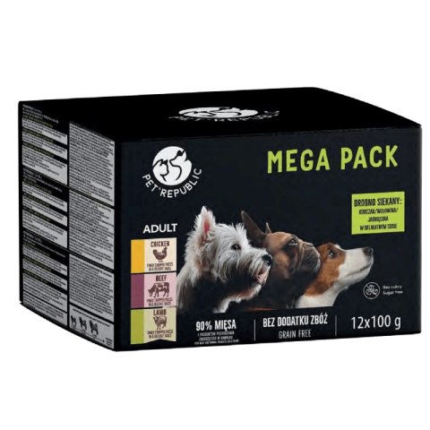 PetRepublic karma mokra dla psów małych ras kawałki w delikatnym sosie MIX 3 smaków 12x100g PetRepublic karma mokra dla psów małych ras kawałki w delikatnym sosie MIX 3 smaków 12x100g